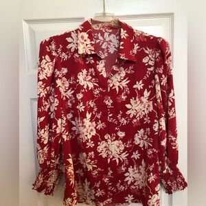 Floral Red Women's Long Sleeve Top With Smocked Cuffs, Collar and VNeck